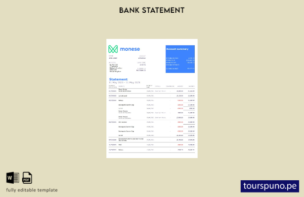 Plantilla de Excel de extracto bancario de Monese del Reino Unido lista para imp